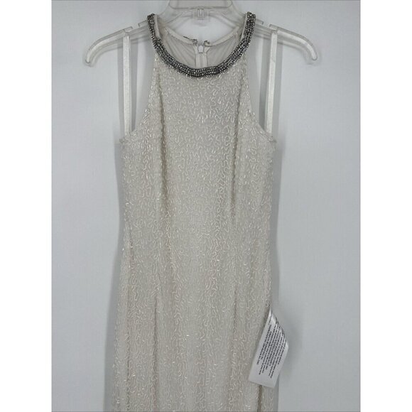 Mac Duggal Womens 4 White Beaded Sleeveless Halter Formal Long Gown Dress Flaws - Picture 5 of 16